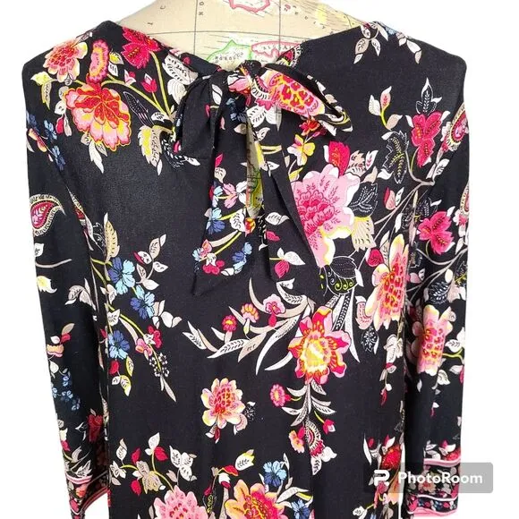 NEW Loft Size Large Black Bohemian Colorful Floral Back Neck Tie Shift Dress
