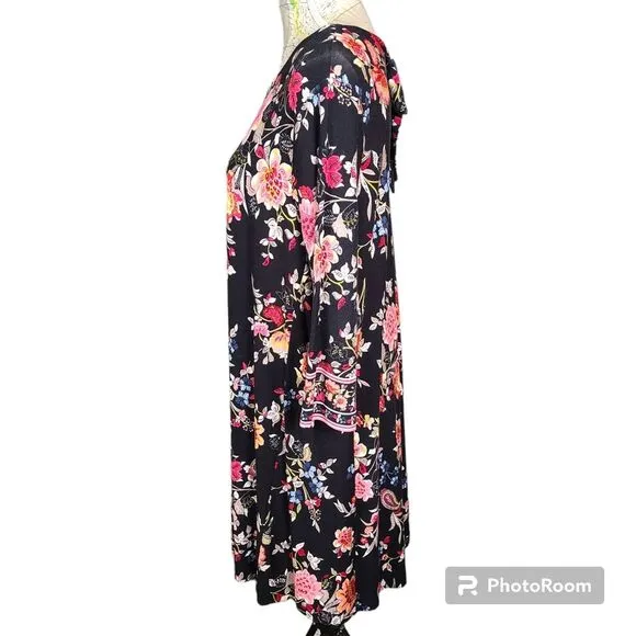NEW Loft Size Large Black Bohemian Colorful Floral Back Neck Tie Shift Dress