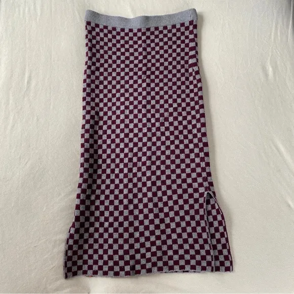 NWOT KULE THE TAWNY HEATHER GREY WINE CHECKERED KNIT PENCIL TUBE SKIRT SZ XL