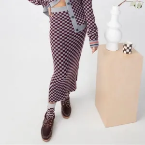 NWOT KULE THE TAWNY HEATHER GREY WINE CHECKERED KNIT PENCIL TUBE SKIRT SZ XL