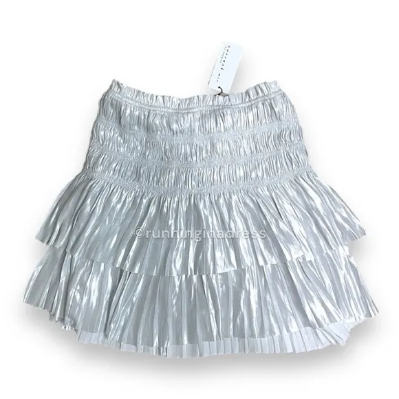 NWT Current Air Smocked High Waist Tiered Metallic Silver Mini Skirt Size Small