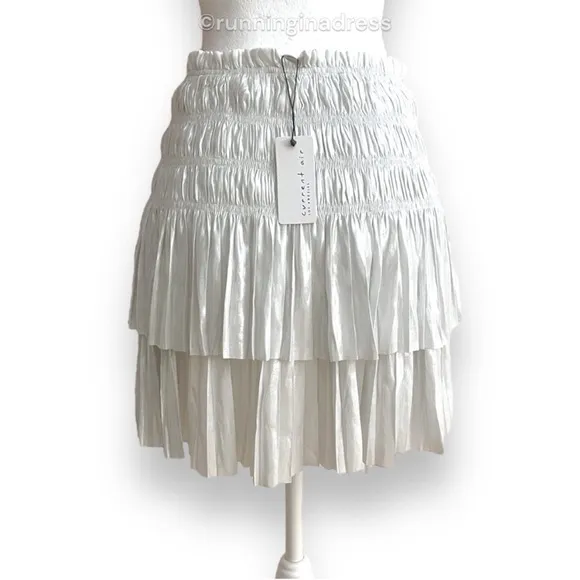 NWT Current Air Smocked High Waist Tiered Metallic Silver Mini Skirt Size Small