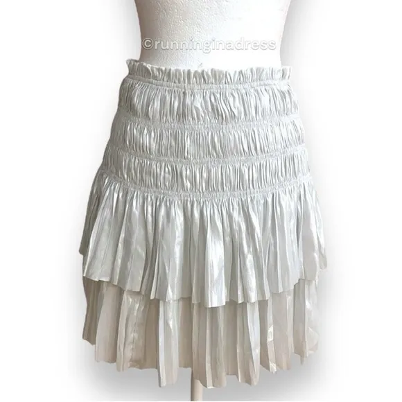NWT Current Air Smocked High Waist Tiered Metallic Silver Mini Skirt Size Small