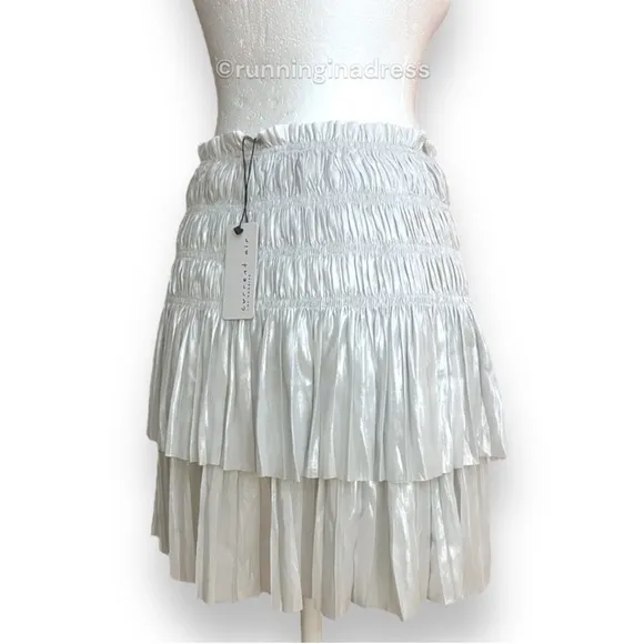 NWT Current Air Smocked High Waist Tiered Metallic Silver Mini Skirt Size Small