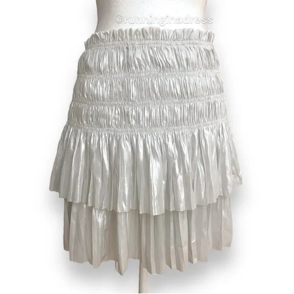 NWT Current Air Smocked High Waist Tiered Metallic Silver Mini Skirt Size Small