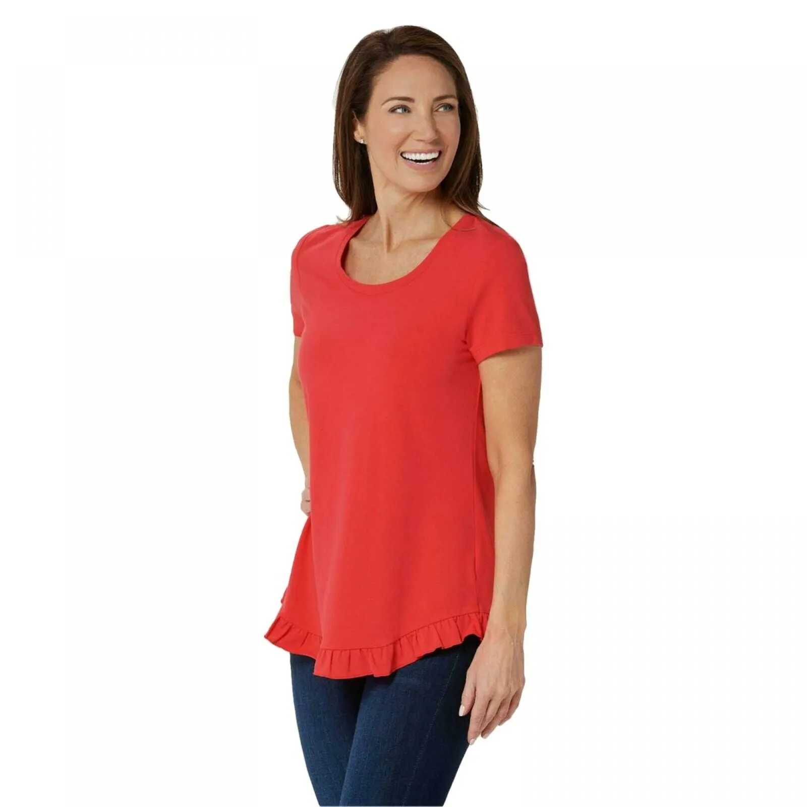 NWT Isaac Mizrahi Live! Scoop Neck Curved Ruffle Hem Knit Top. A378050-Reg M