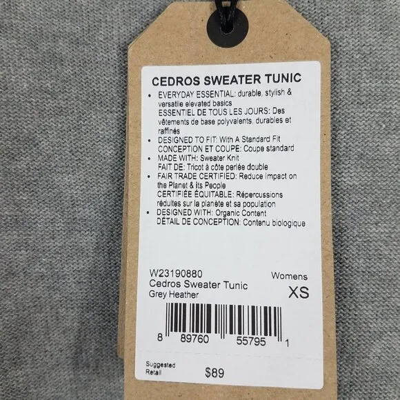 NWT Prana gray Heather V-Neck 100% Cotton Cedros Sweater Tunic ladies XS X-Small