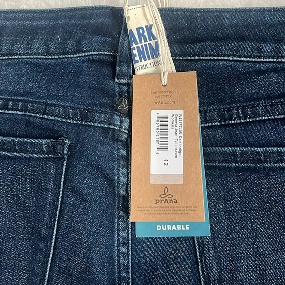 NWT prAna Sz 12 / 31 Tall Dark Indigo Bootcut Geneva Denim Jeans Sustainable