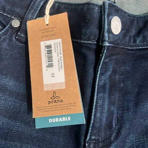 NWT prAna Sz 12 / 31 Tall Dark Indigo Bootcut Geneva Denim Jeans Sustainable