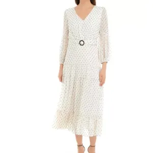 NWT Taylor V-Neck Belt Waisted Printed Fit and Flare Midi Dress