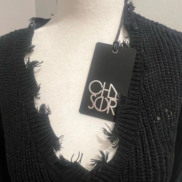 NWT women's size small chaser distressed v neck sweater black