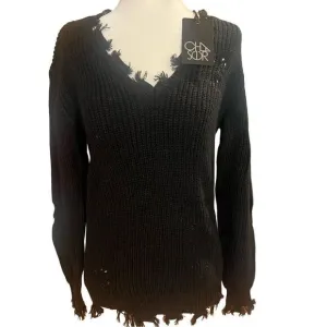 NWT women's size small chaser distressed v neck sweater black