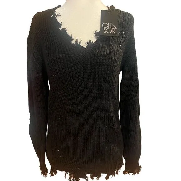 NWT women's size small chaser distressed v neck sweater black