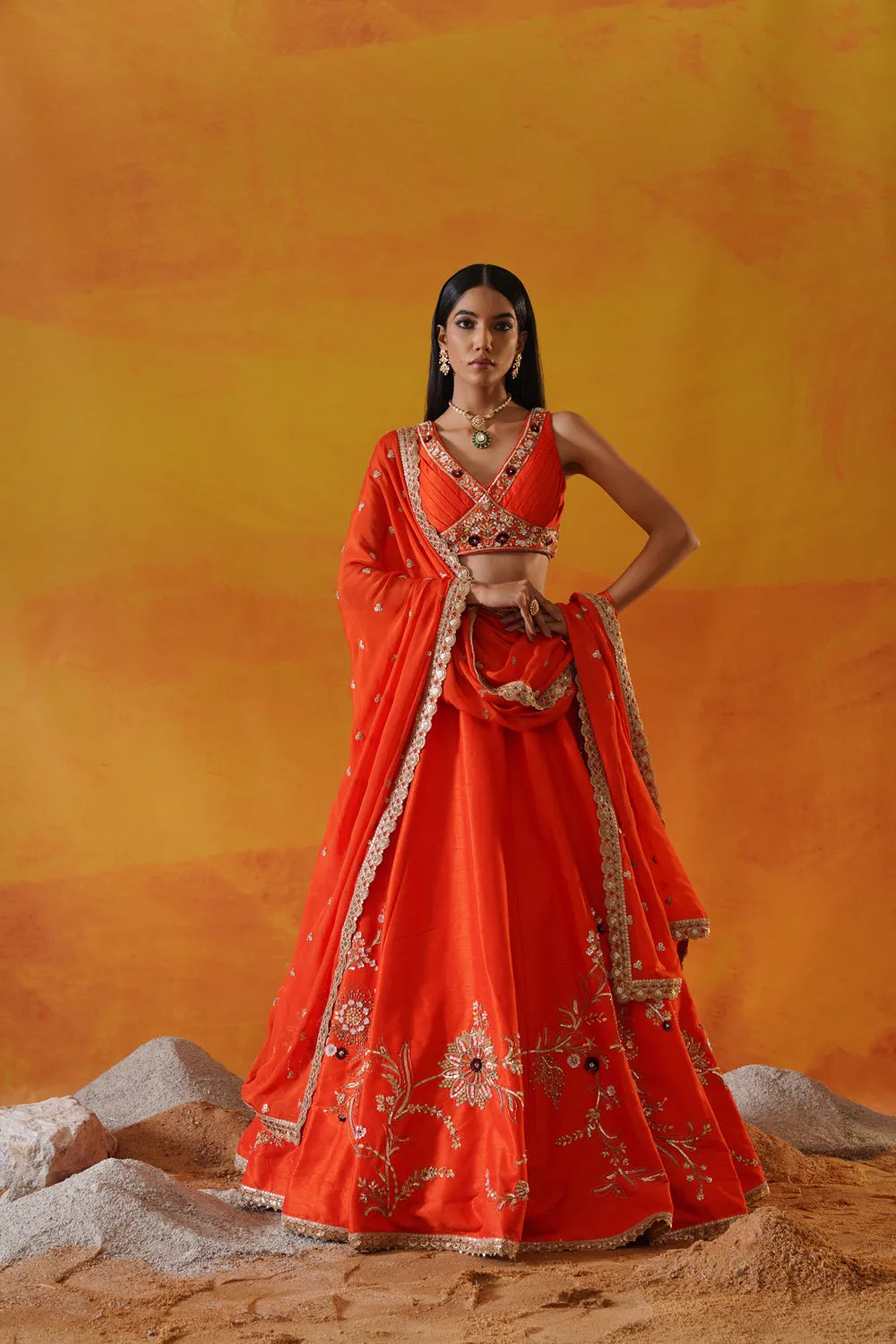 Orange Dupion Silk Lehenga Choli Set