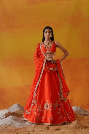 Orange Dupion Silk Lehenga Choli Set