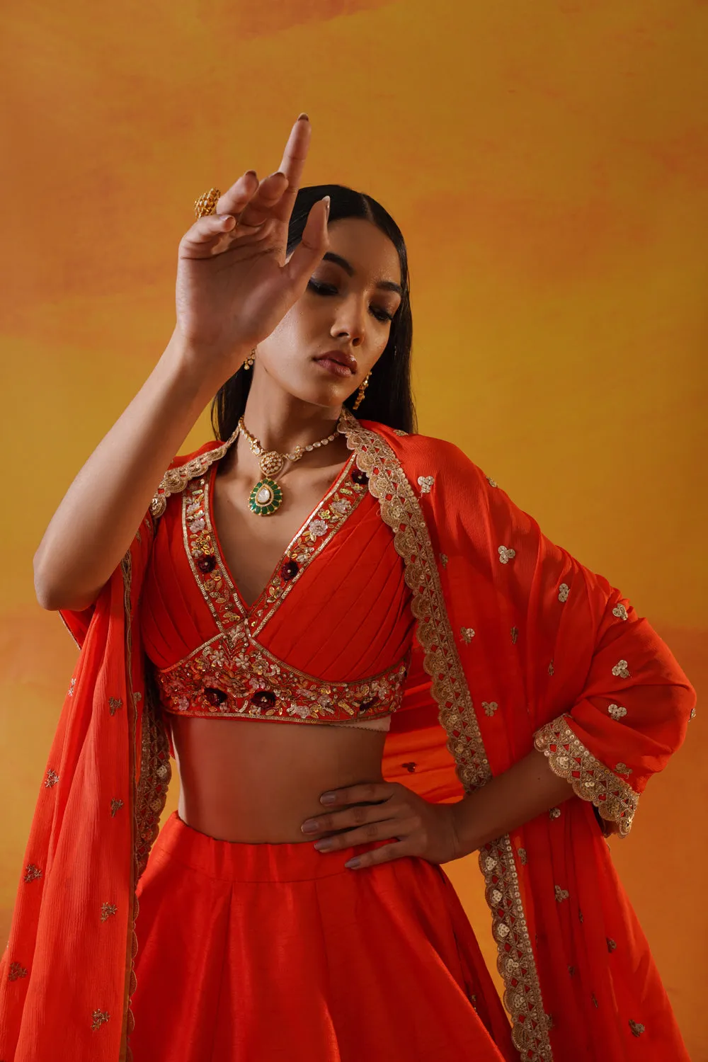 Orange Dupion Silk Lehenga Choli Set