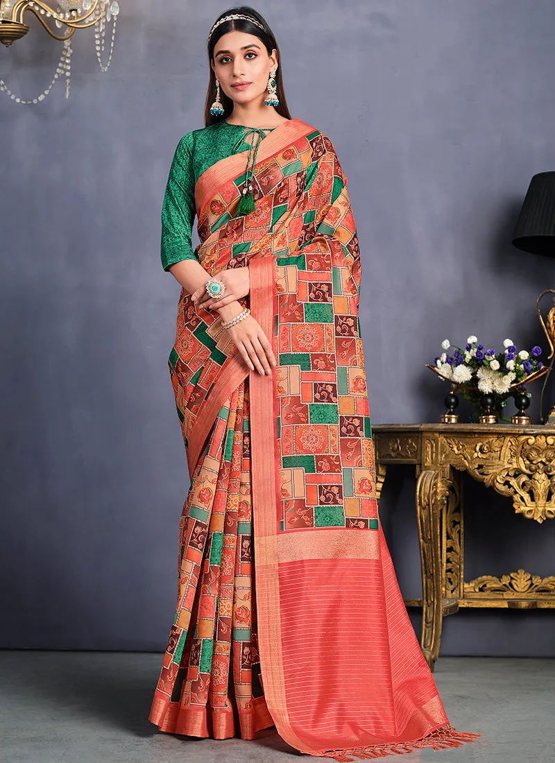Orange Floral Print And Sequence Silk Saree