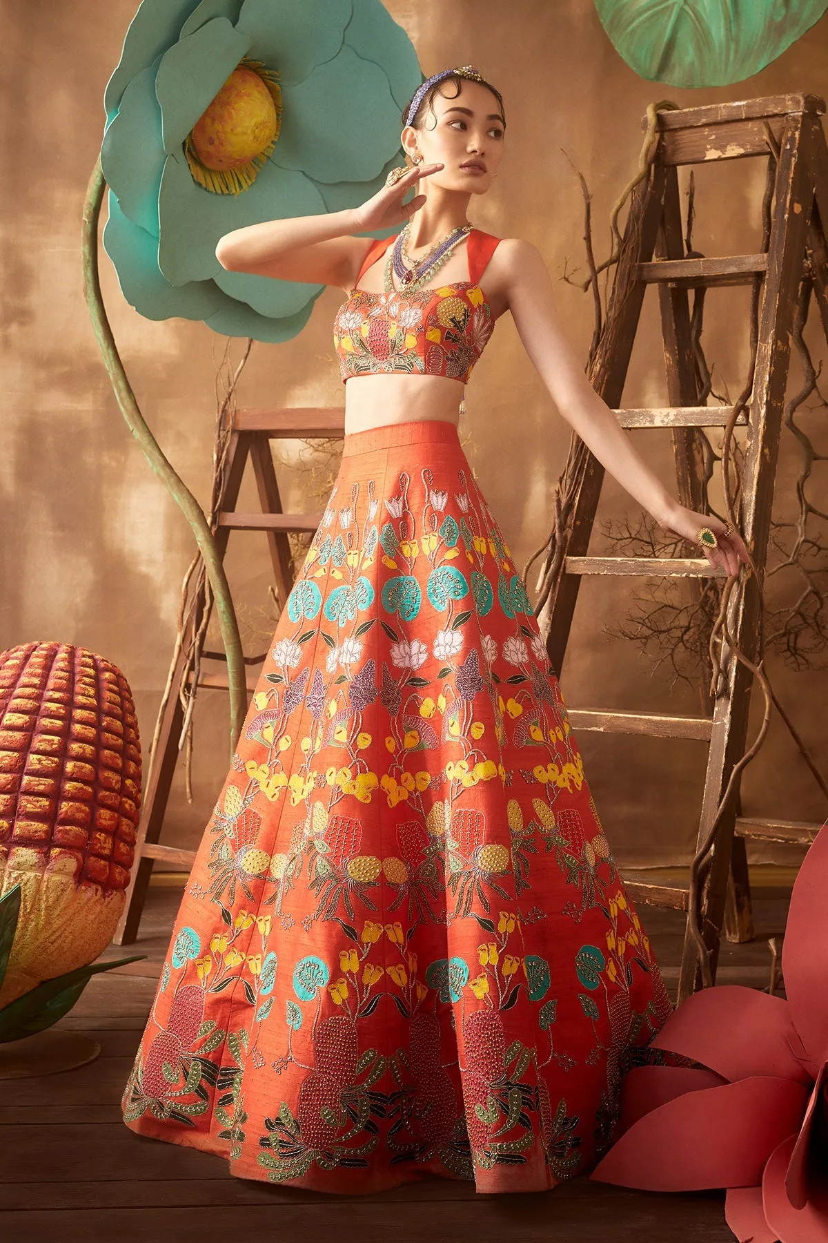 Orange Pastiche Raw Silk Appliquéd And Embellished Lehenga With Blouse And Cutwork Dupatta