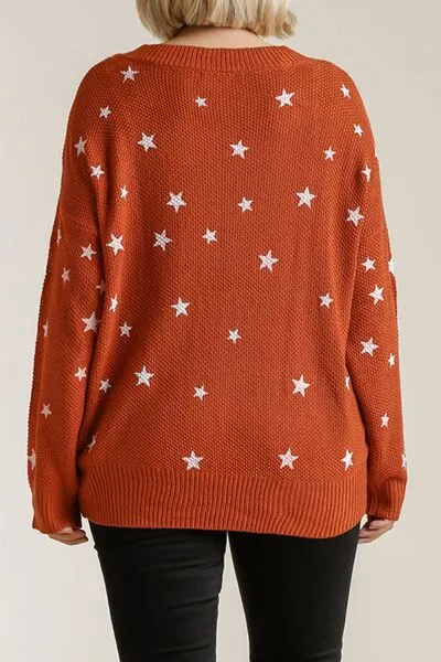 Orange-Red Star V-Neck Long Sleeve Sweater