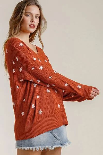 Orange-Red Star V-Neck Long Sleeve Sweater