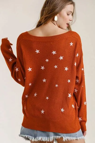 Orange-Red Star V-Neck Long Sleeve Sweater