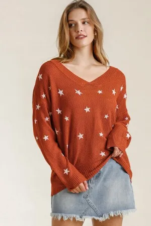 Orange-Red Star V-Neck Long Sleeve Sweater