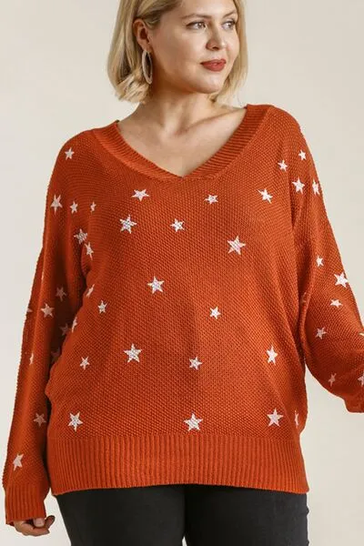 Orange-Red Star V-Neck Long Sleeve Sweater