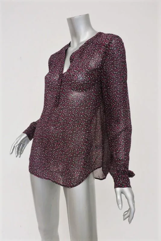PAIGE Blouse Cheri Black/Cabernet Floral Print Silk Size Small Long Sleeve Top