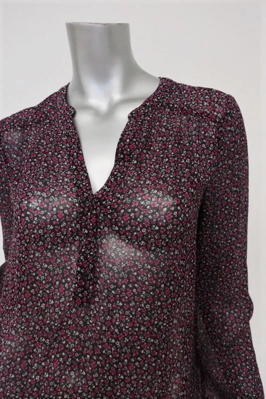PAIGE Blouse Cheri Black/Cabernet Floral Print Silk Size Small Long Sleeve Top