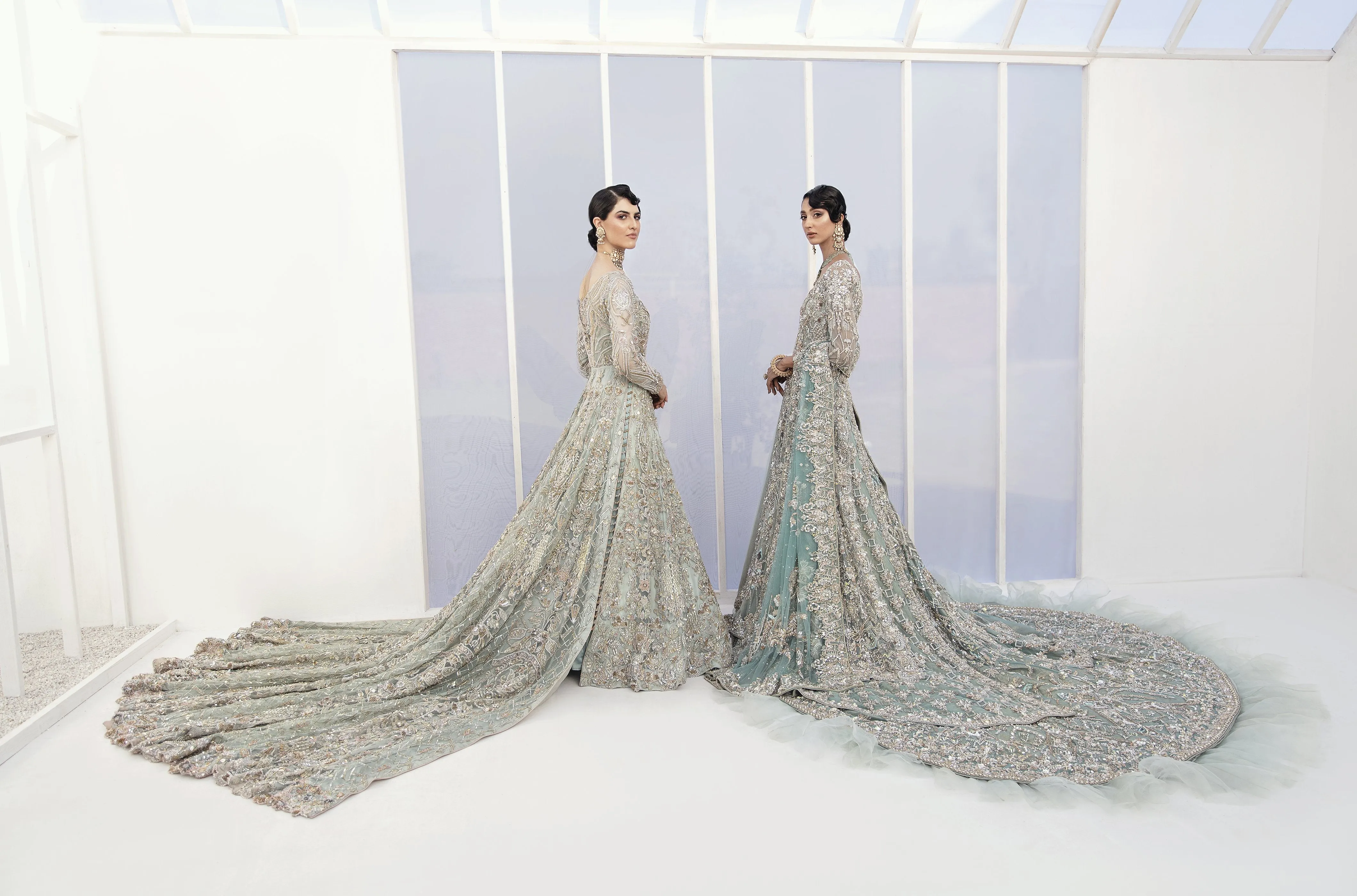 Pakistani Bridal Lehenga Designs in Embellished Heavy Hand Needle Work for Wedding Wear in Silver Sequin Lehenga in Long Gown #BN942
