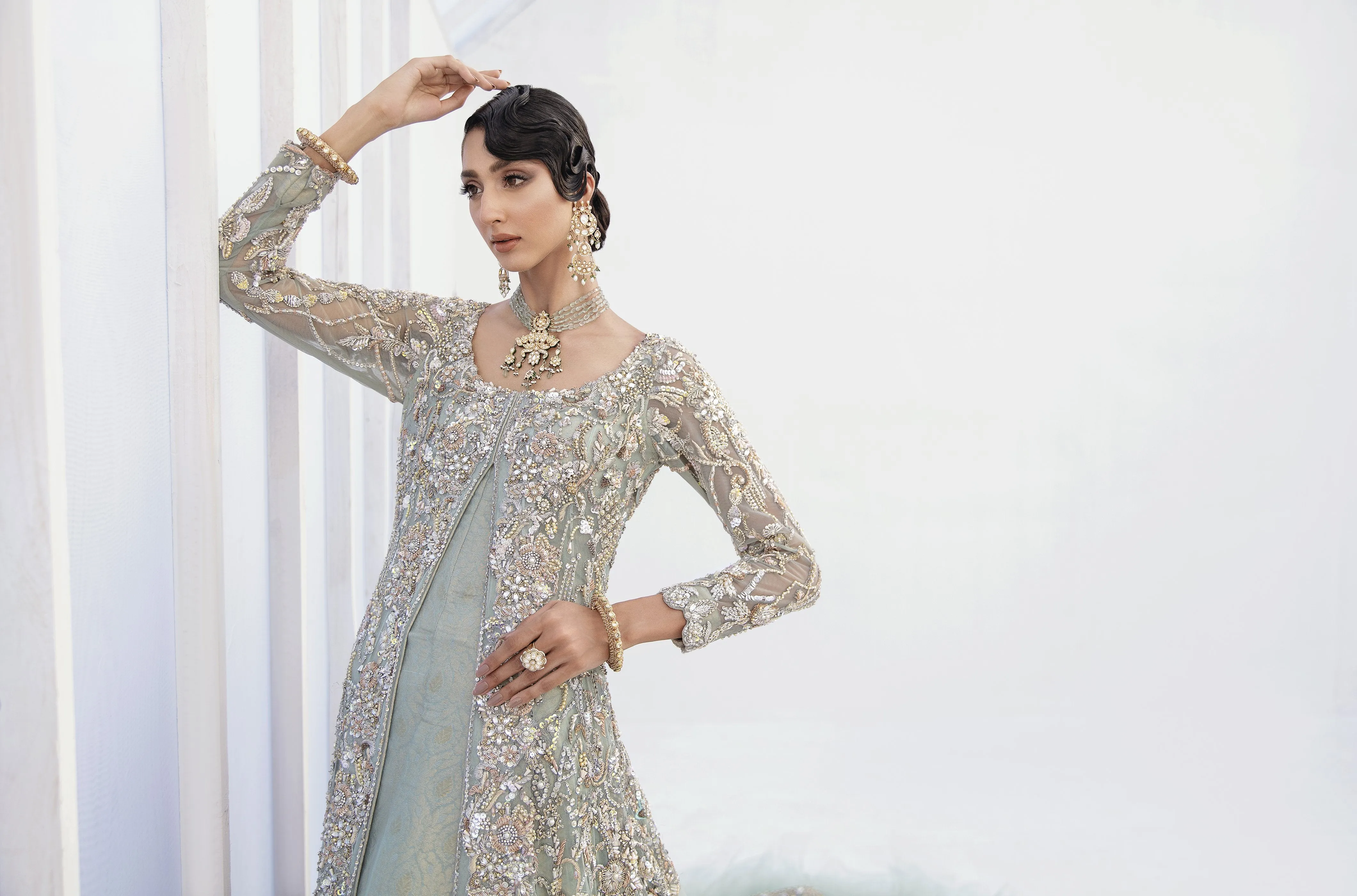 Pakistani Bridal Lehenga Designs in Embellished Heavy Hand Needle Work for Wedding Wear in Silver Sequin Lehenga in Long Gown #BN942