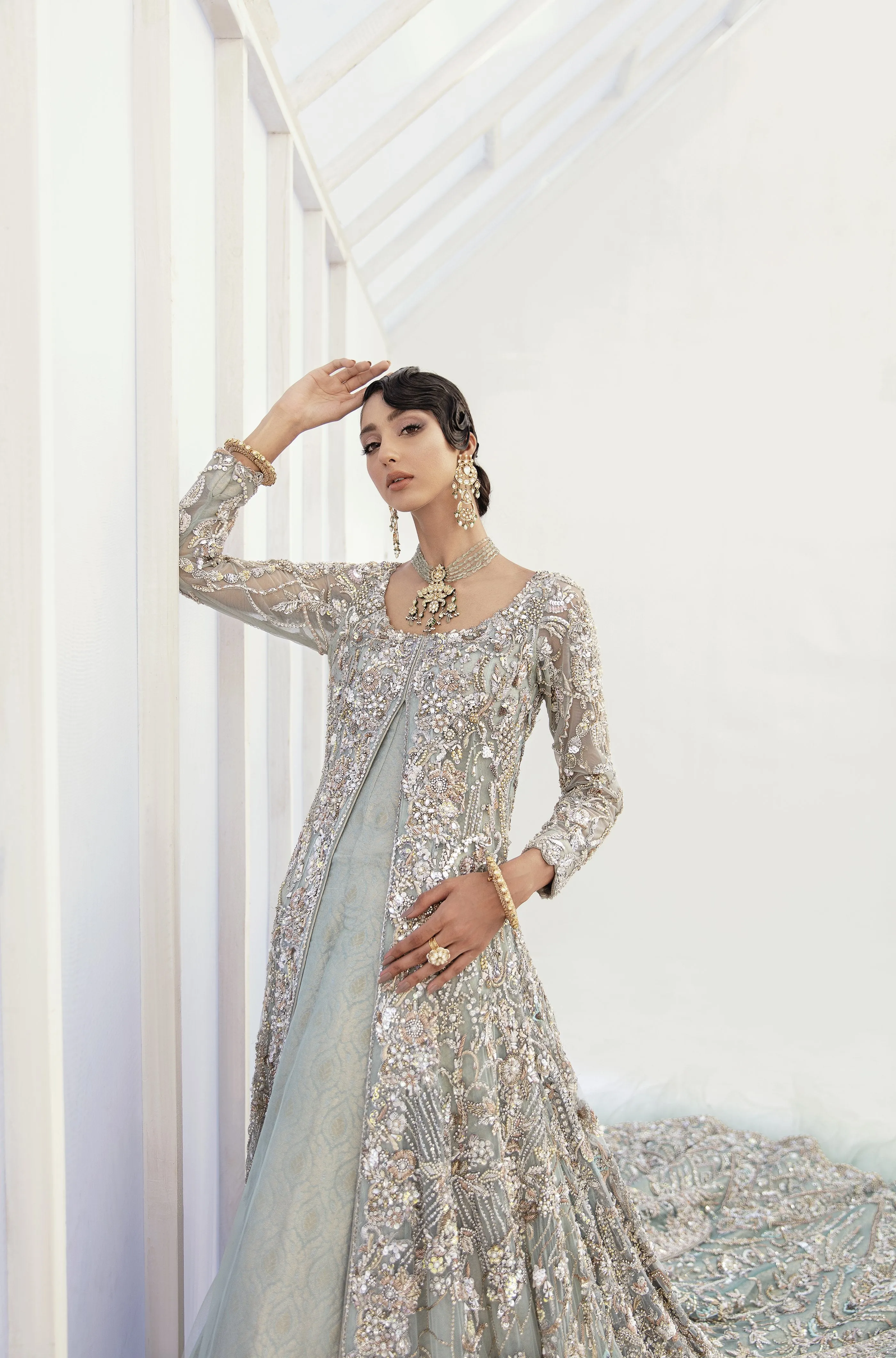 Pakistani Bridal Lehenga Designs in Embellished Heavy Hand Needle Work for Wedding Wear in Silver Sequin Lehenga in Long Gown #BN942