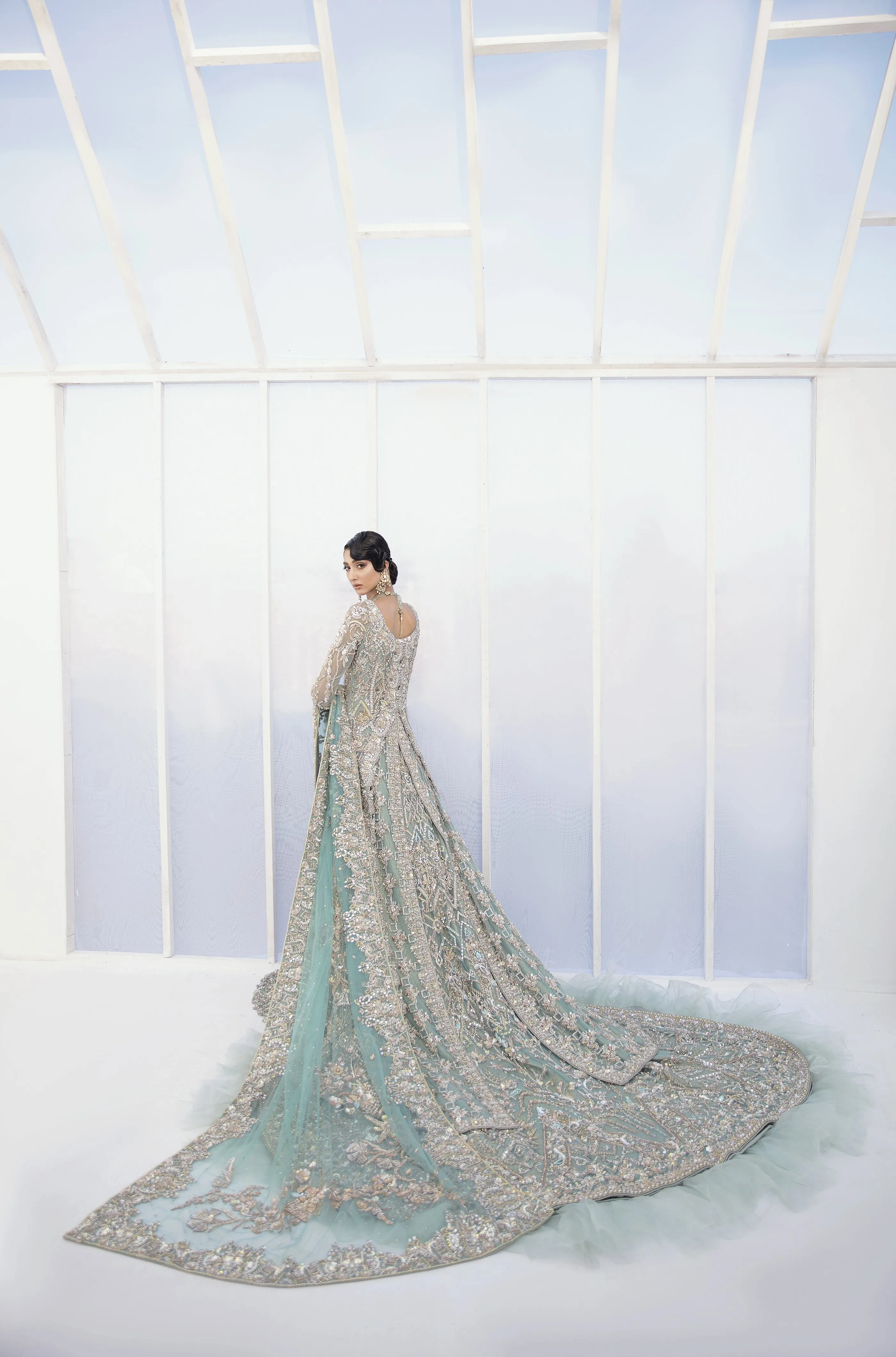 Pakistani Bridal Lehenga Designs in Embellished Heavy Hand Needle Work for Wedding Wear in Silver Sequin Lehenga in Long Gown #BN942