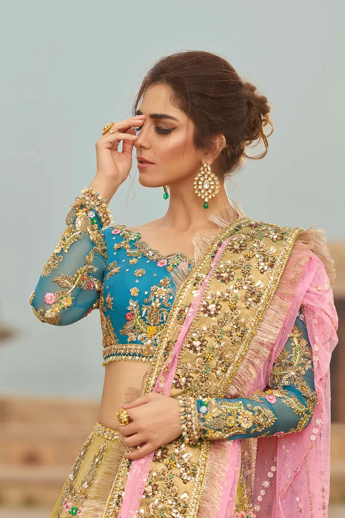 Pale Yellow and Firozi Wedding Lehenga