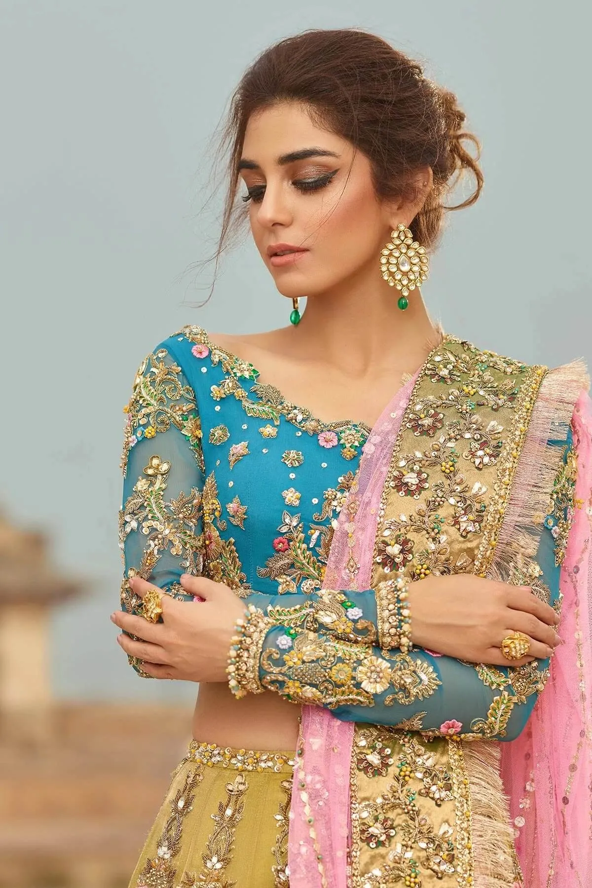 Pale Yellow and Firozi Wedding Lehenga