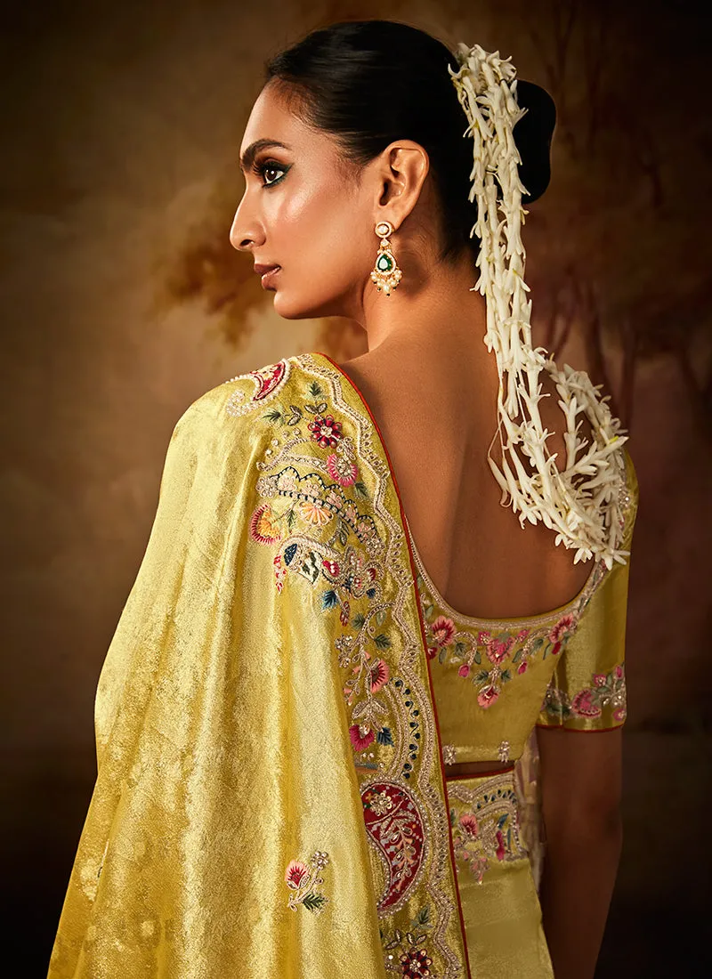 Pale Yellow Multi Embroidery Banarasi Kanjivaram Silk Saree
