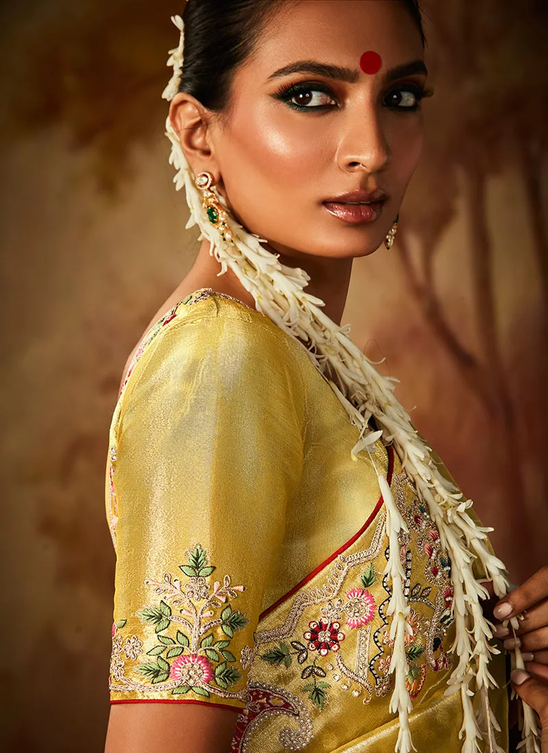 Pale Yellow Multi Embroidery Banarasi Kanjivaram Silk Saree