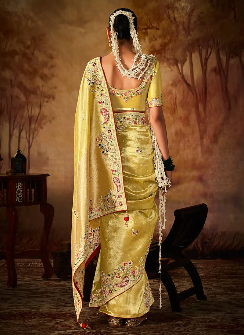Pale Yellow Multi Embroidery Banarasi Kanjivaram Silk Saree