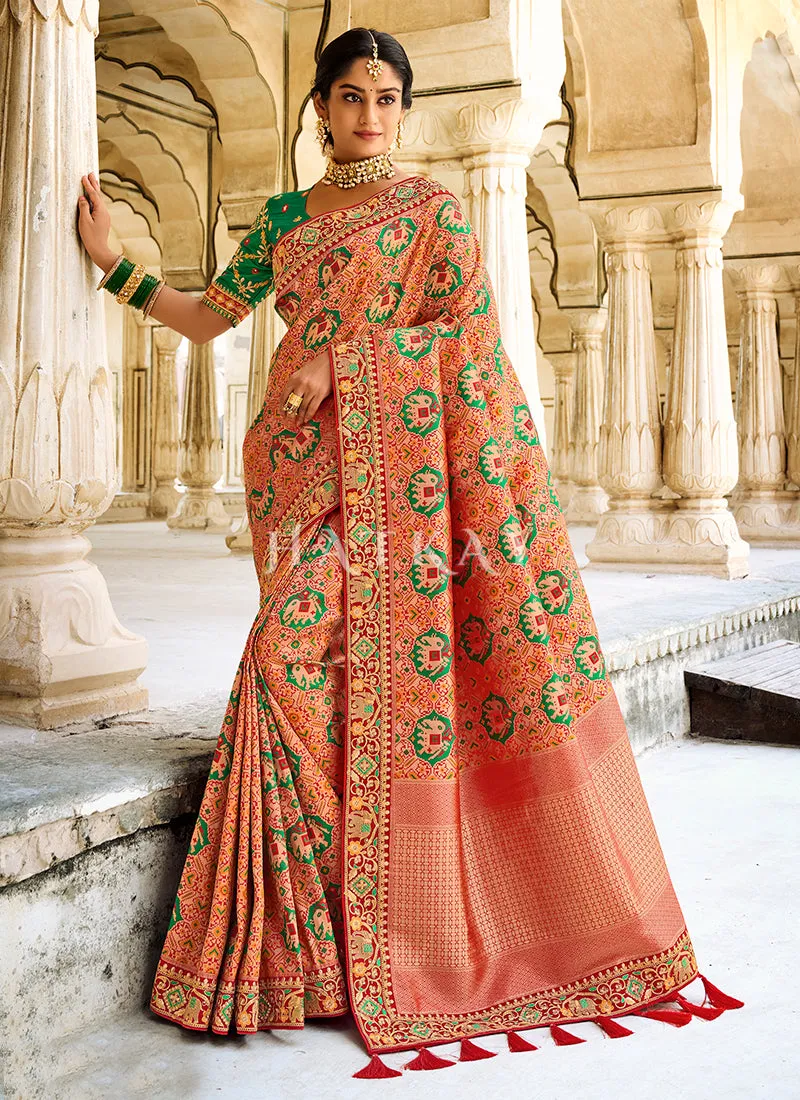 Peach And Green Multi Embroidered Silk Saree