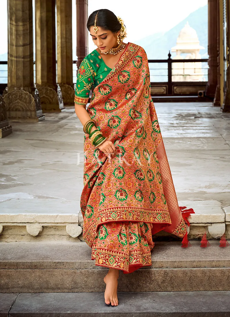 Peach And Green Multi Embroidered Silk Saree