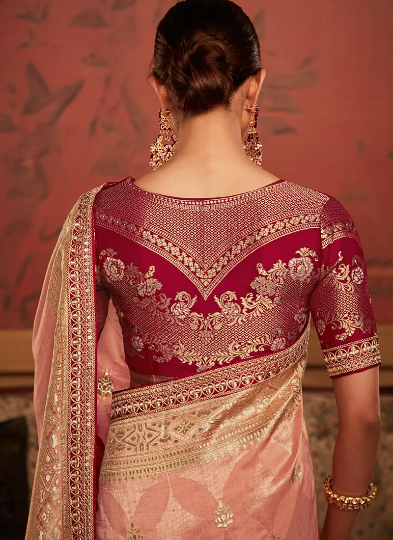 Peach And Red Weaved Pure Dola Silk Saree