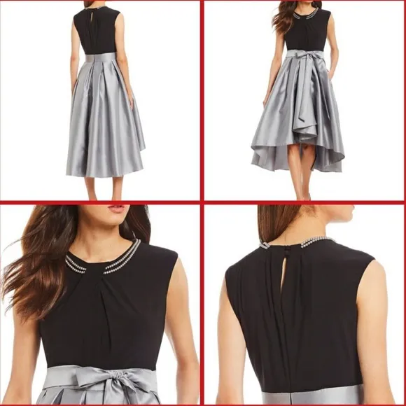 Pearl Trim Twist Belted Waist Hi-Low Fit &amp; Flare Midi Dress