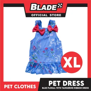 Pet Dress Blue Floral With Tangerine Ribbon Dress Pet Clothes (XL) Perfect Fit For Dogs And Cats