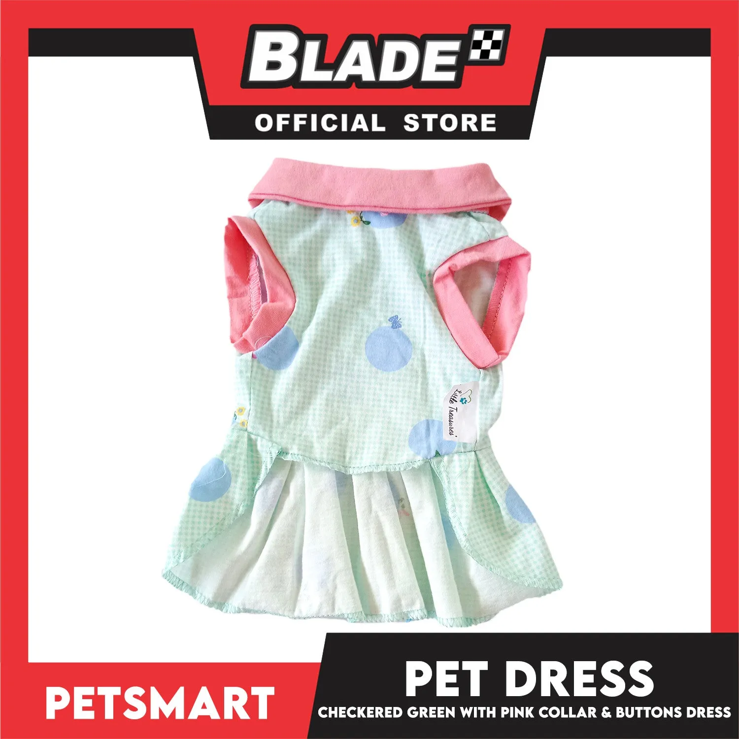 Pet Dress Checkered Design, Green with Pink Collar and Button Dress (Large) Perfect Fit for Dogs and Cats