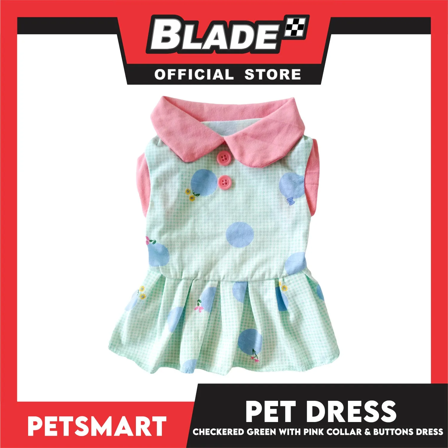 Pet Dress Checkered Design, Green with Pink Collar and Button Dress (Large) Perfect Fit for Dogs and Cats