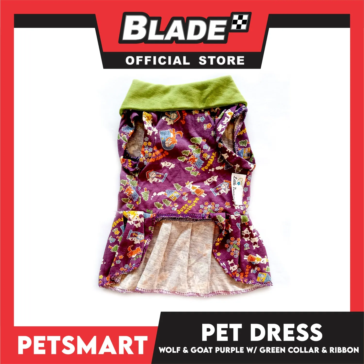 Pet Dress Wolf and Goat Design, Purple with Green Collar and Ribbon Color DG-CTN141M (Medium) Perfect Fit For Dogs And Cats