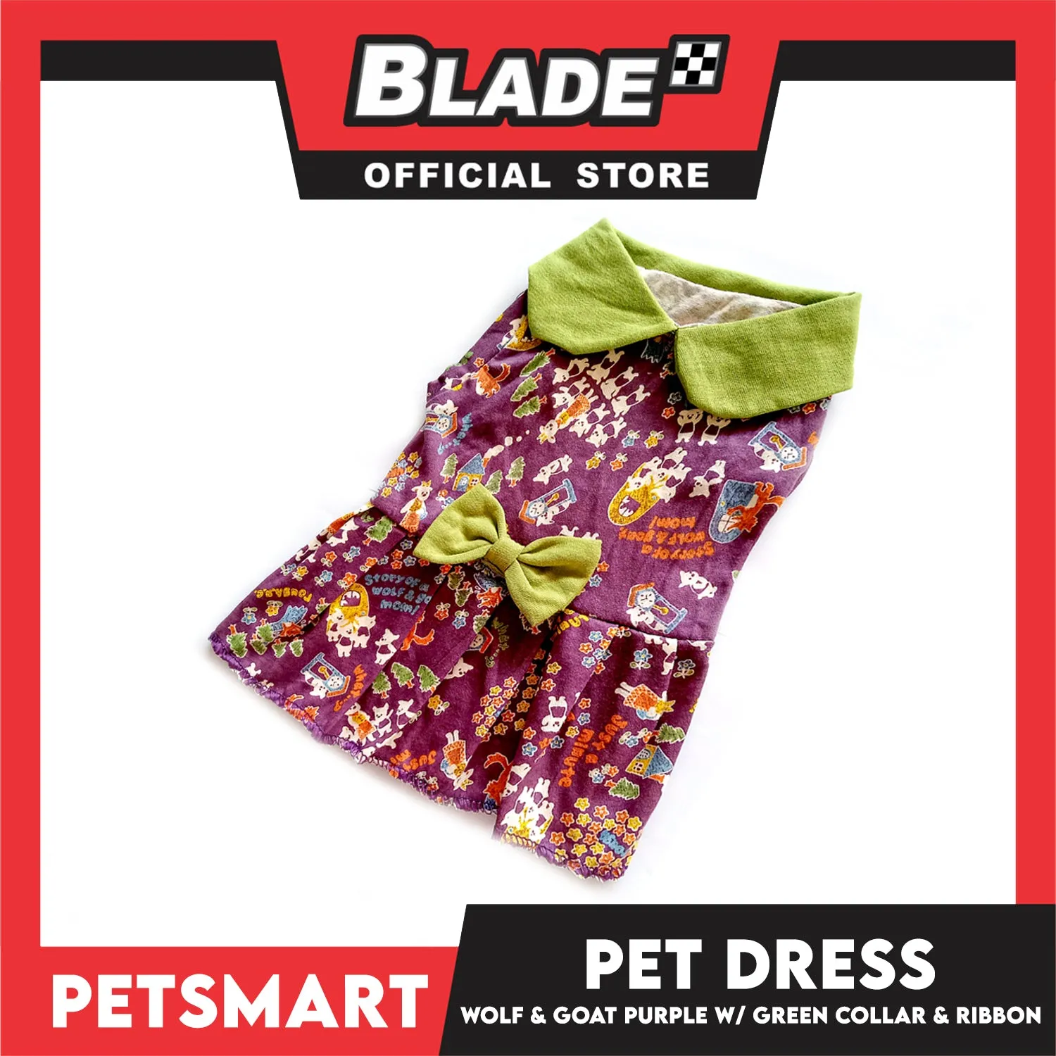 Pet Dress Wolf and Goat Design, Purple with Green Collar and Ribbon Color DG-CTN141M (Medium) Perfect Fit For Dogs And Cats