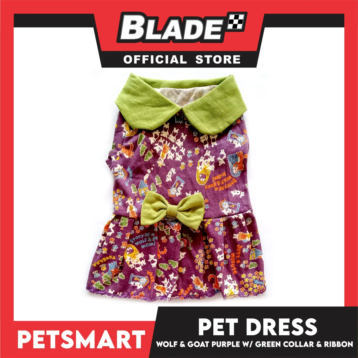 Pet Dress Wolf and Goat Design, Purple with Green Collar and Ribbon Color DG-CTN141M (Medium) Perfect Fit For Dogs And Cats
