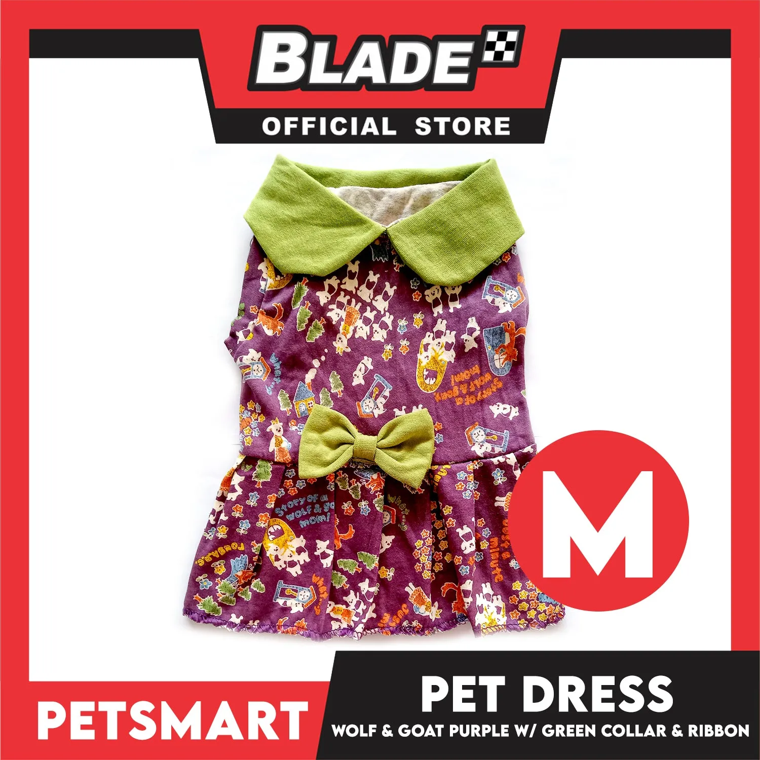 Pet Dress Wolf and Goat Design, Purple with Green Collar and Ribbon Color DG-CTN141M (Medium) Perfect Fit For Dogs And Cats