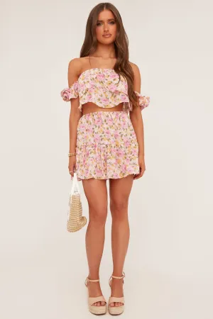 Pink Floral Print Bardot Crop Top & Mini Skirt Co-ord Set - Kayle